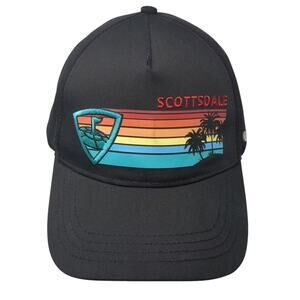 Topgolf 5 Panel Hat Black Blue Scottsdale Retro Sunset Palm Trees OS Adjustable
